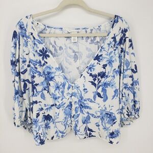 H&M Floral Linen Blend Blouse Top Womens XS Blue White Button Front Puff Sleeve